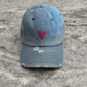 New Custom Designed Blue Distressed Baseball Cap with Heart Shaped Pink Sequins